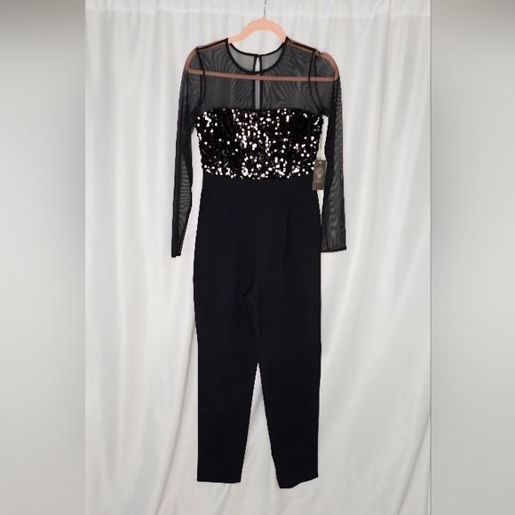 Vince Camuto Black Sequin Jumpsuit with Sheer Sleeves With Pockets - Picture 1 of 8